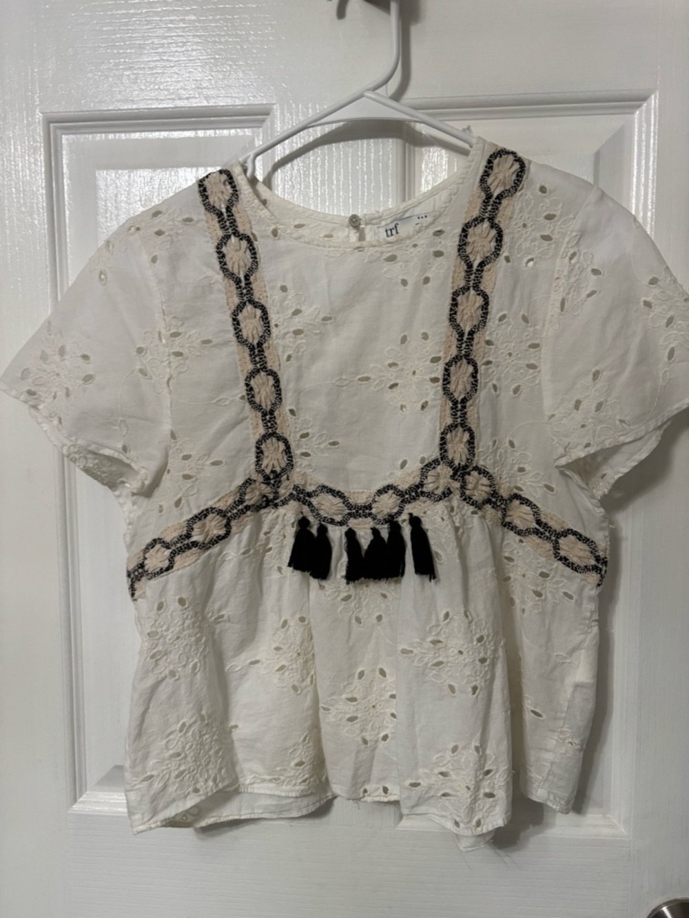 Zara TRF 100% cotton crème Eyelet Blouse with Black Embroidered Trim and Tassels